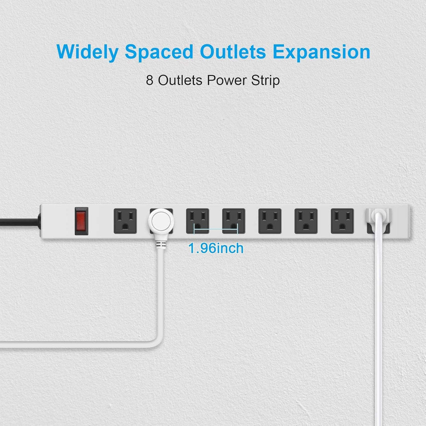 JUNNUJ Metal 8 Outlet Power Strip, Mountable Heavy Duty Power Strip, 1200J Surge Protector Wall Mount Screws Outlet with Switch, Gaming Desk Strips Wide Spaced 15A 125V 1875W, 3 FT 14AWG Power Cord