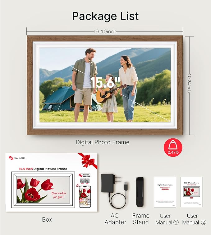 64GB Frameo 15.6" Digital Picture Frame Large 1920 x 1080 IPS FHD Touch Screen WiFi Electronic Photo Frames Share Moments Instantly Anywhere Best Gifts for Parents and Grandparents Solid Walnut
