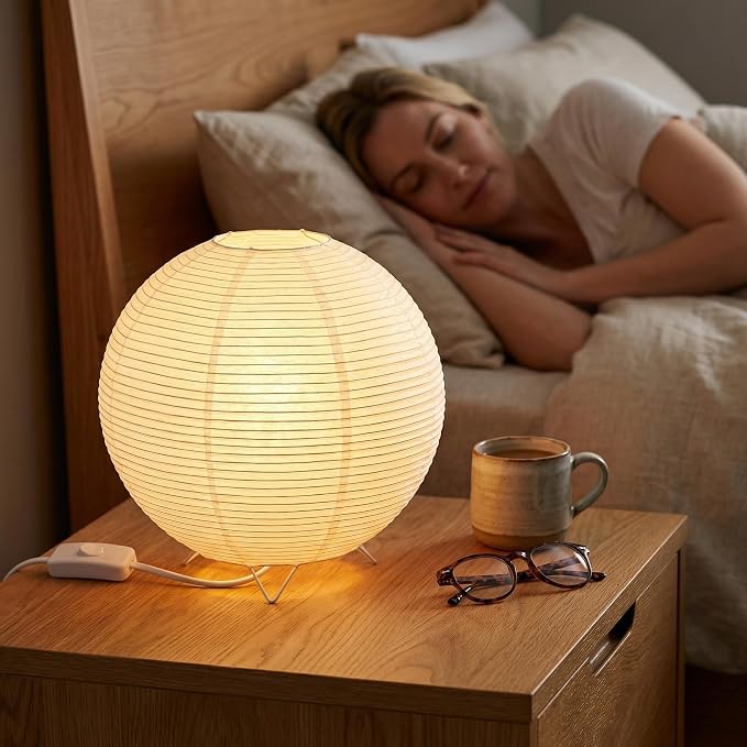 Totority Modern Paper Table Lamp, Japanese Lantern Style Bedside Night Light for Bedroom & Living Room, Minimalist Rice Paper Desk Lamp with Warm White E14 Bulb, Decorative Zen Home Lighting,US Plug