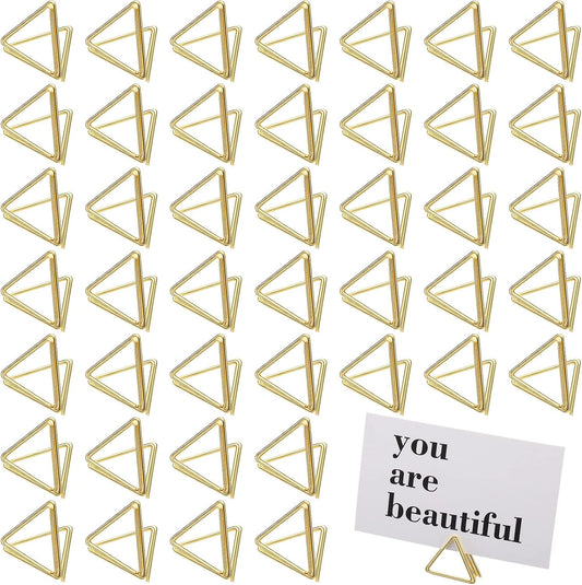 100 Pcs Place Card Holder Triangle Shape Table Number Holder Wedding Table Card Holders Mini Name Card Holder Place Setting Holder Picture Clips Stand for Centerpiece Anniversary Party(Gold)