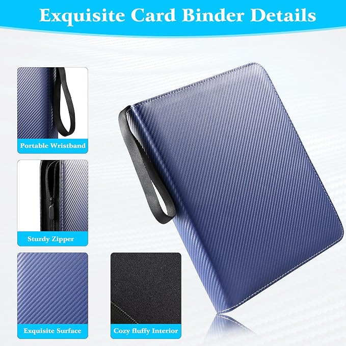WOT I 900 Pockets Trading Card Binder, Baseball Card Binder Sleeves with Zipper, Double Sided Pockets Card Holder Carry Card Case for Baseball Card, Football Card(Dark Blue)