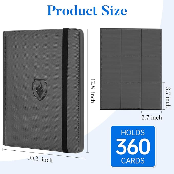 Premium 9 Pocket Card Binder for 360 Cards, Fabmaker PU Cover Trading Card Binder, Sturdy Card Collection Album, Sleek Card Holder Folders for Game Cards & Sports Cards, Grey