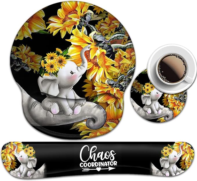 Mouse Pad with Wrist Support,Ergonomic Gel Smouse Pad Cute Baby Elephants with Sunflower Office Easy Typing Games to Relieve Fatigue, Non-Slip and Durable Memory Foam Keyboard Wrist Rest,(Pack of 3)
