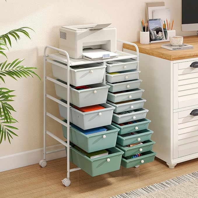 GLACER 15 Drawers Rolling Storage Cart, Steel Frame Craft Organizer Cart | Utility Cart w/ Lockable Wheels & Handle, Mobile Art & Tool Supply Trolley for Teacher, Home, School, Office (Green Gradient)