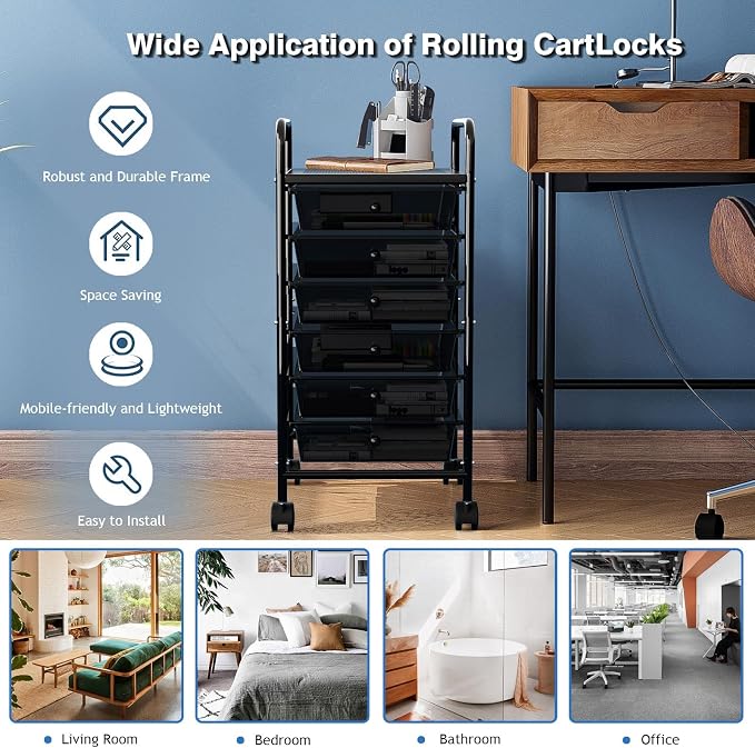 Rolling Storage Cart with Drawers 6-Tier Office Transparent Black | Utility Cart with 6 Drawers & 2 Lockable Caster Wheels, Multipurpose Mobile Drawer Cart for School Bathroom Kitchen