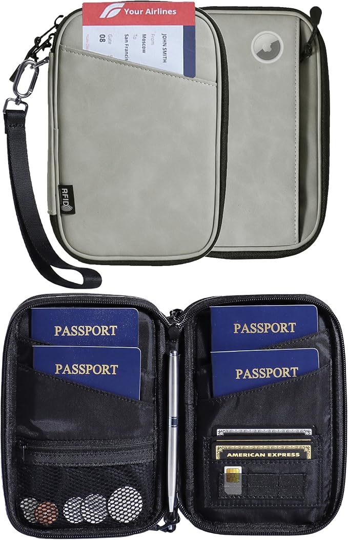 Lagre family passport holder for 4 multiple passport bag for travel passport cover rfid blocking for women waterproof wallet with zipper airtag passport case for men (pattern gray)