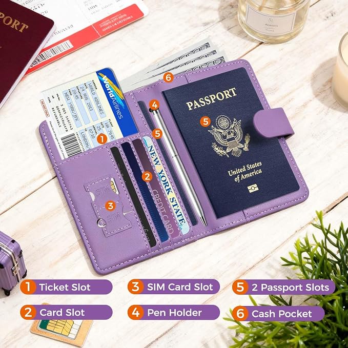 Melsbrinna Premium Leather Passport Holder Covers Case, Waterproof Rfid Blocking Travel Wallet Passport Holder with Pen Holder, Cute Passport Book for Women/Men