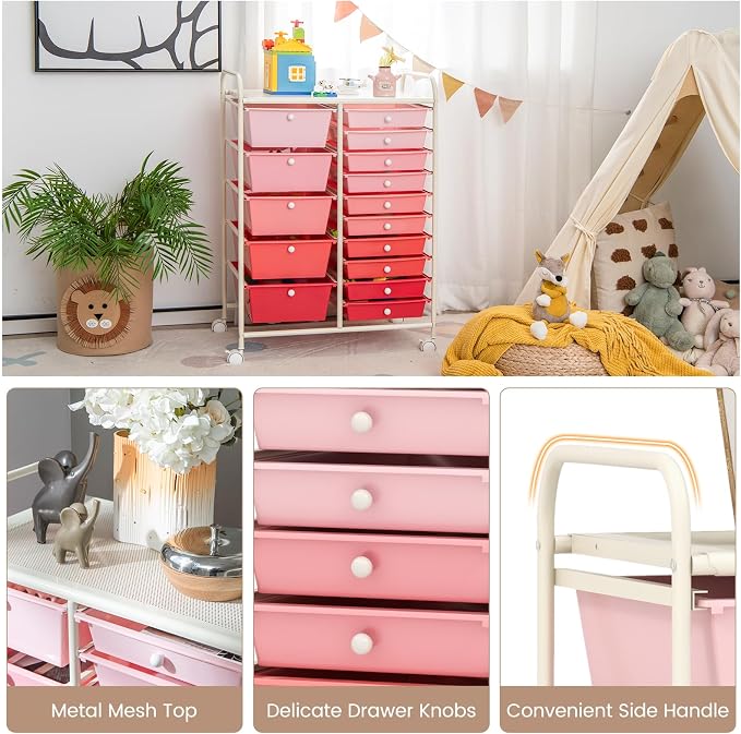 RELAX4LIFE 15-Drawer Storage Drawer Carts - Mobile Rolling Utility Cart w/Wheels, Craft Organizer for Classroom Organization and Storage, School, Office, Home, Storage Organizer Cart (Gradient Pink)