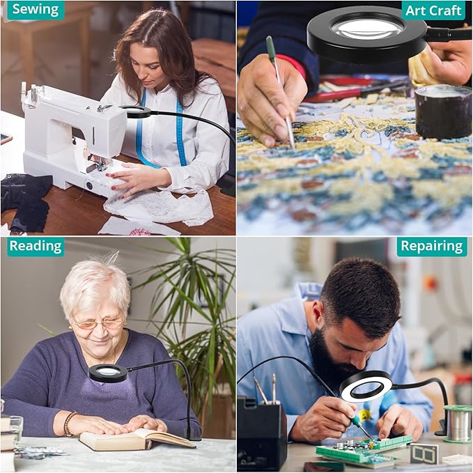 Woputne Desk Lamp 5X Magnifying Glass with Light Clamp Light for Reading | 10 Brightness, 3 Color Modes, 5V/2A Adapter Included – Clip on magnifying light Hands Free for Crafting, Close Work