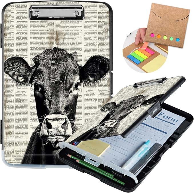 Clipboard with Storage,Storage Clipboard with Pen Holder,Heavy Duty Plastic Storage Clipboard with Low Profile Clip,Teacher Must Haves,Clipboard Folder,Office Supplies,Black and red Cow -1334