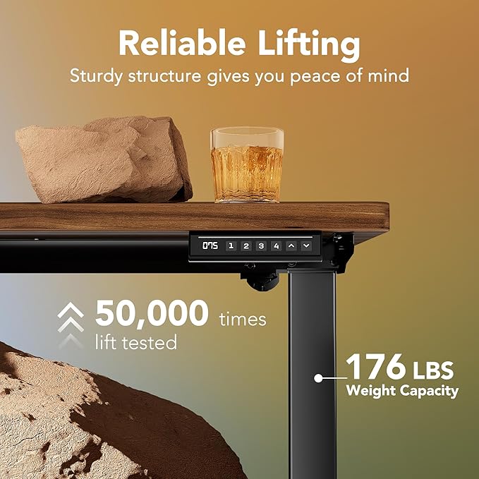 HUANUO 48" x 24" Electric Standing Desk Adjustable Height, 4 Memory Height Settings, Headphone Hook, Cable Manager, Sit Stand Up Desk for Home Office & Computer Workstation, Walnut