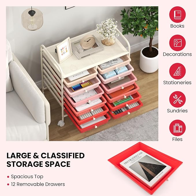 Giantex 12 Drawers Rolling Cart, Mobile Storage Drawer Cart, Classroom Organizer Cart for Office School Supplies Tools Scrapbook Paper Craft Small Printer, Utility Cart on Wheels, Pink Gradient
