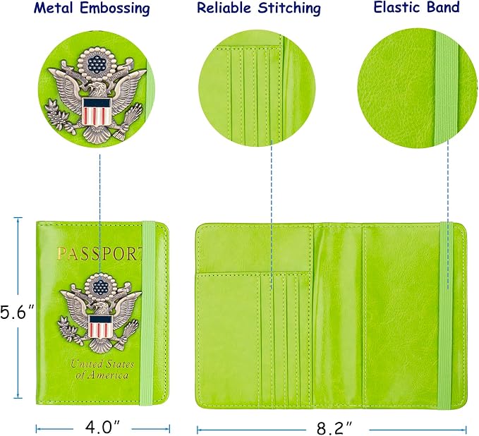 TOURSUIT RFID Blocking Passport Holder, Leather Travel Wallet, Green | Travel Document Holder Cover Accessories, 3D Metal Badge, For Women Men