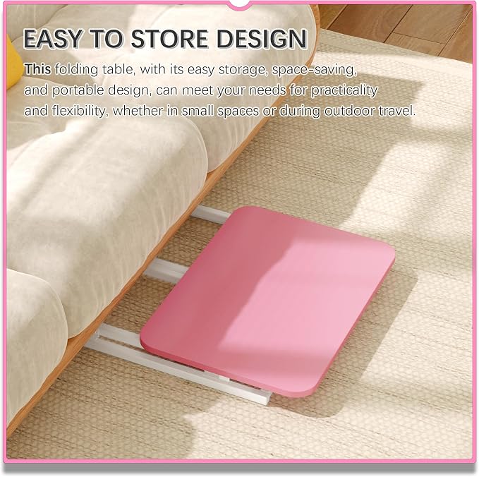 4NM 23.6" Mobile Small Rolling Computer Desk, Folding Laptop Cart Table with Wheels, Portable Office Desk for Small Space Couch Bed - Pink and White