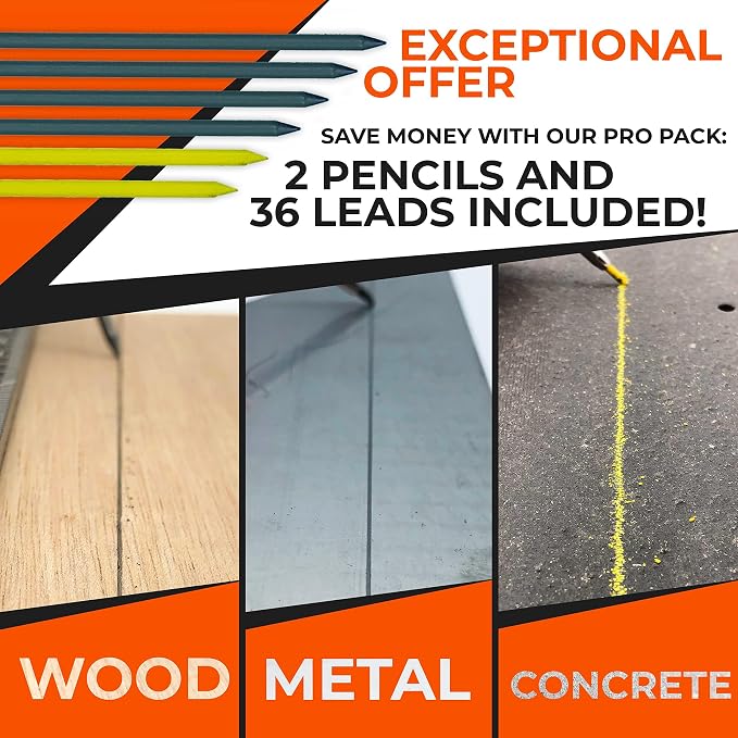 THORVALD 2 Carpenter Pencils Set for Construction - Incl. 38 Leads + Sharpener + Finger Grip - Solid Mechanical Pencils with Fine Point/Best Marking tools Construction/Carpenters/Scriber
