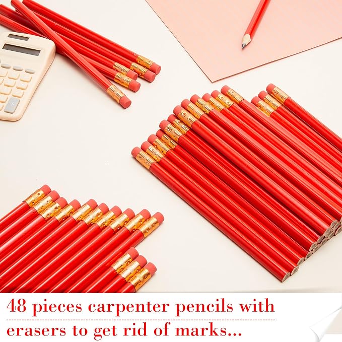 Fainne 48 Pack Jumbo Carpenter Pencils Woodworking Marking with Black Core Thick Flat Construction Pencils for Woodworkers Framers DIY Projects and Contractors(Red)