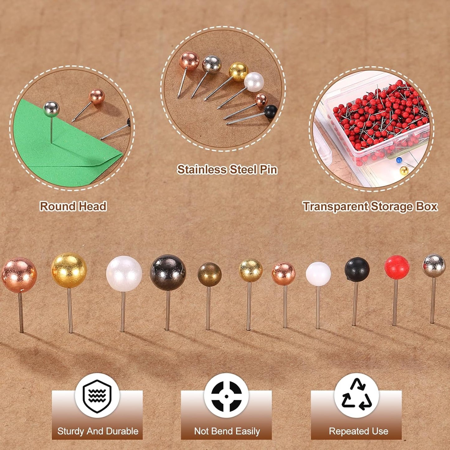 uxcell 400 Pcs Push Pins, Map Thumb Tacks 4mm Round Head Decorative Push Pins for Bulletin Board Home Office Travel Wall DIY Crafts Map Photo, Bronze