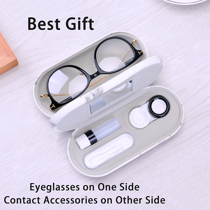 Muf 2 in 1 Contact Lens Case and Glasses Case, Double Sided Design with Mirror, Portable Travel Kit with Tweezer, Remover and Solution Bottle, Black & White Marble