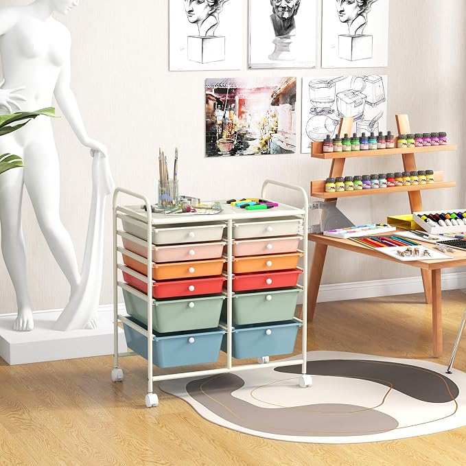12 Drawer Rolling Storage Cart, Craft Cart Organizer on Wheels w/Metal Frame, Large Capacity & Smooth Drawer, Rolling Cart w/Drawers for Classroom, Office