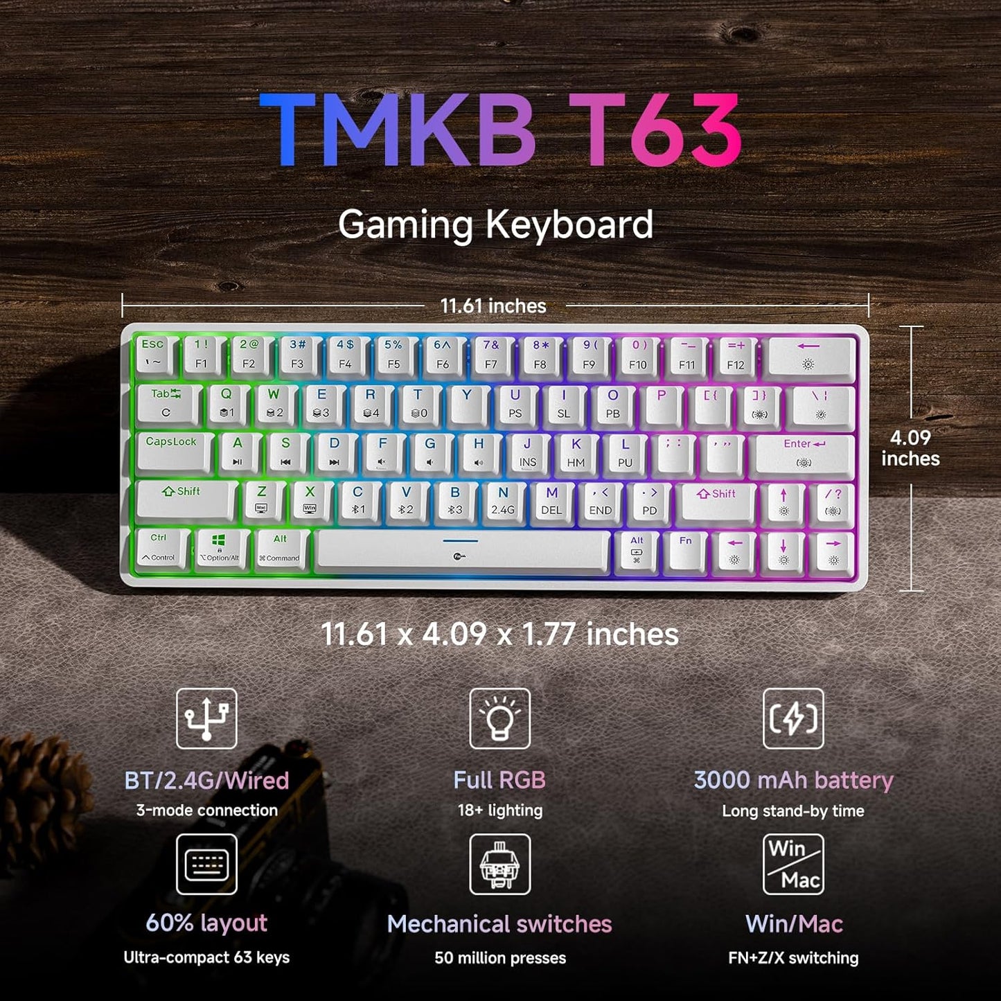 TMKB Wireless Mechanical Gaming Keyboard and Gaming Mouse, M1&T63, 24000DPI, RGB Backlit, 180Hrs Battery, 2.4G/BT5.2/USB-C Wired, Compact 63 Keys Anti-Ghosting-White