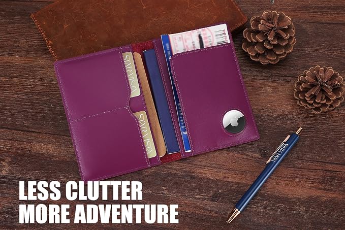 STAR VISTA Albatross Leather Travel Passport Holder, Minimalist Design, Calfskin Leather Case for Women and Men - Slim Passport Wallet, Bifold, RFID Blocking, with AirTag Holder, Violet