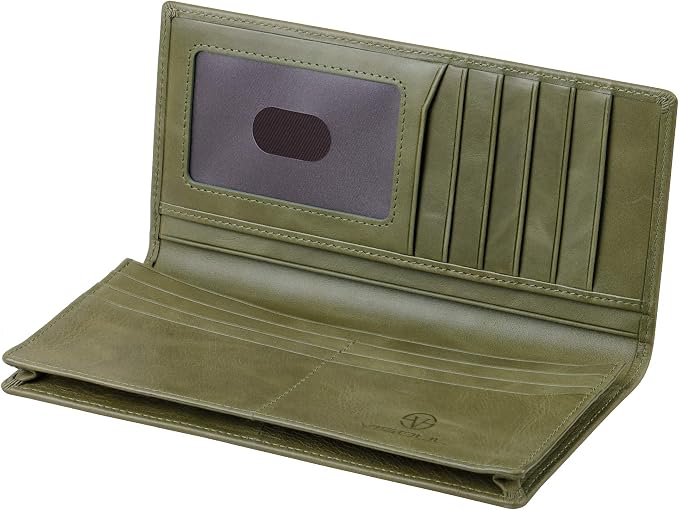 VISOUL Leather Checkbook Cover Wallet for Men with RFID Blocking, Mens Long Bifold Cash Tall Wallet with 11 Credit Card Slots 1 ID Window (Olive Green)