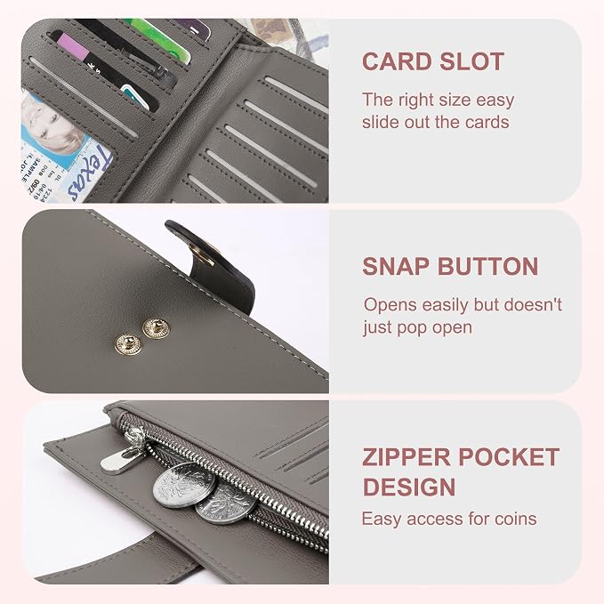 yiijay Women's Wallet RFID Blocking Leather Trifold Clutch Wallet Credit Card Holder Ladies Travel Wallet Purse with Passport/Pen Holder