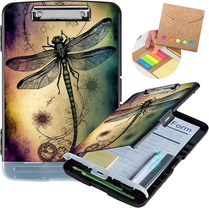 Clipboard with Storage,Heavy Duty Plastic Storage Clipboard with Low Profile Clip,Teacher Must Haves,Office Supplies,Dragonfly Sunflower