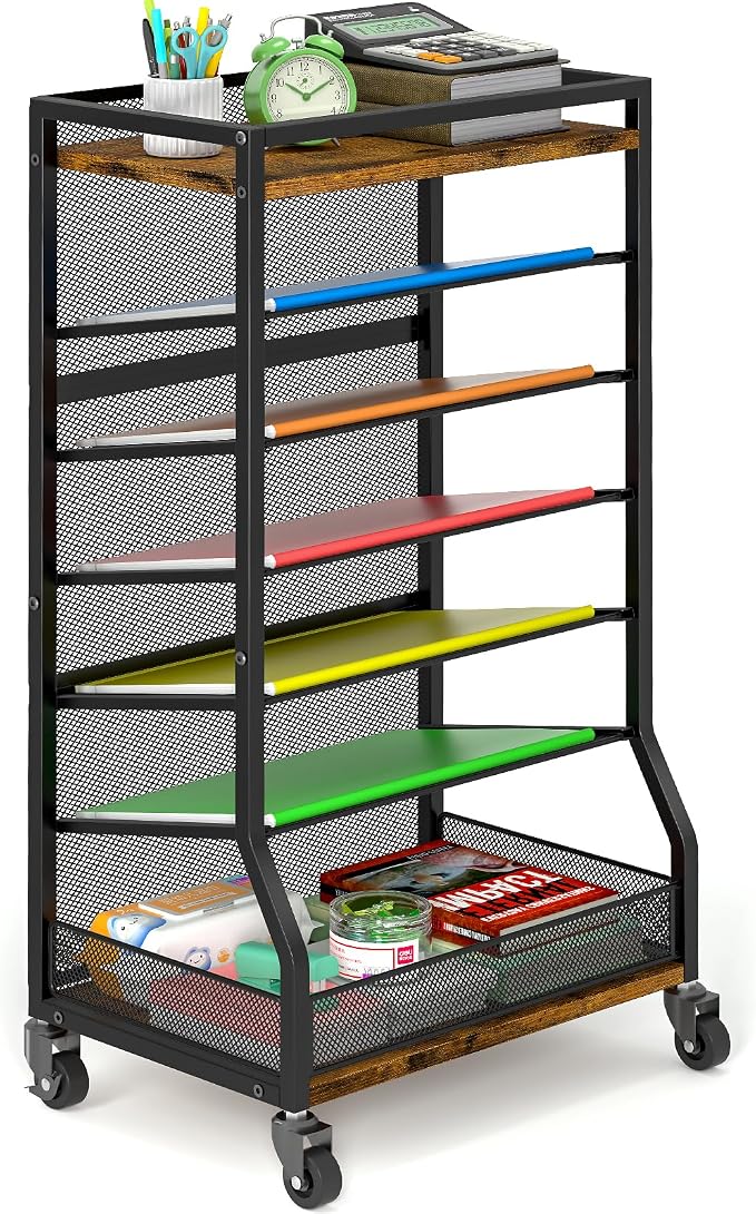 ThreeHio 7 Tier Rolling File Cart with Sliding Trays, Wood Metal File Organizer Beside Desk, Free-Standing File Holder, Paper Letter Tray Organizer Mesh Desk Organizer for Home Office School (Patent)