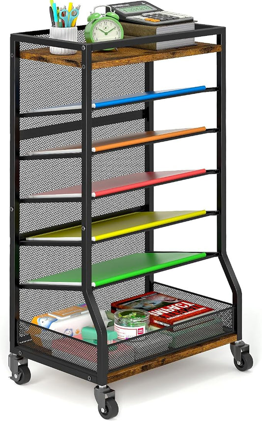 ThreeHio 7 Tier Rolling File Cart with Sliding Trays, Wood Metal File Organizer Beside Desk, Free-Standing File Holder, Paper Letter Tray Organizer Mesh Desk Organizer for Home Office School (Patent)