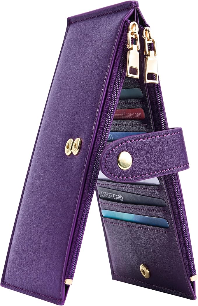 Travelambo Womens Leather Bifold Wallet, Slim RFID Blocking Card Holder | Large Capacity, 16 Card Slots & ID Window, 2 Zipper Pockets, Dual Snap Closure, Slim Lightweight, RFID Privacy Protection