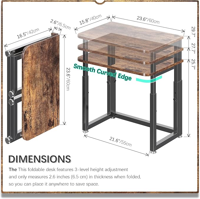 4NM No Tool Assembly 23.6" Small Desk, Folding Portable Desk with Wheels, Adjustable Height Foldable Computer Home Office Desks, Collapsible Study Writing Table for Space Saving Bedroom - Rustic Brown