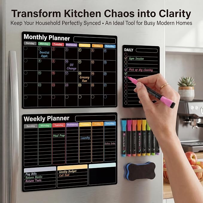 Magnetic Calendar for Refrigerator, Black Fridge Calendar 3-Pack | Dry Erase Calendar with Monthly Weekly Daily Planner, Nano-Tech Surface, 17"x12" Magnetic Board, 8 Neon Markers