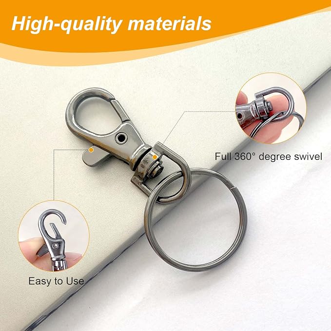 100PCS Swivel Snap Hooks with Key Rings, Premium Metal Swivel Lobster Claw Clasps Assorted Sizes (Large, Medium, Small) for Keychain Clip Lanyard, Jewelry Making, Crafts, Dark Grey