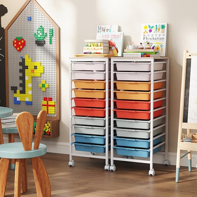 Giantex Rolling Storage Cart with 10 Drawers, Utility Cart w/Wooden Tabletop, Lockable Wheels, Multipurpose Organizer for Art Craft Books Paper, Drawer Carts for Dorm Classroom Office, Macaron