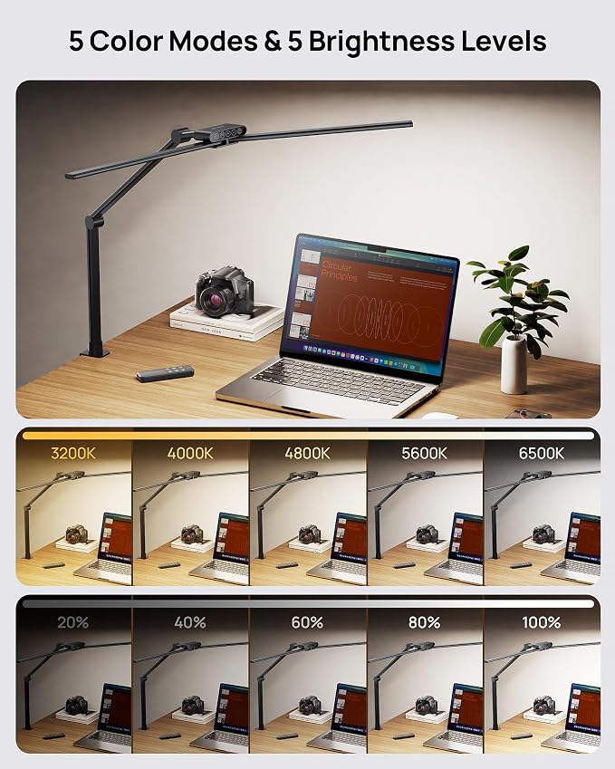 TROND LED Desk Lamp with Clamp, 29.55'' Tall Desk Light with Remote, Black | 1500LM Bright Table Lamp, Swing Arm Clip on Light, Eye-Caring, Touch Control Dimmable for Home Office Monitor Reading