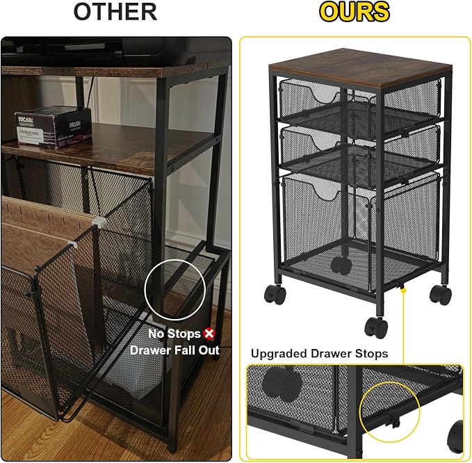 BOHDK Rolling File Cart with 3 Storage Drawers, Wood & Mesh Hanging File Folder Organizer with Wheels Under Desk, File Cabinets for Home Office, 11.81" D x 14.8" W x 25.39" H, Black