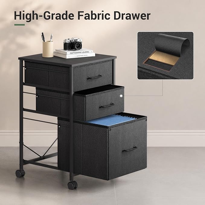 DEVAISE Mobile File Cabinet, Rolling Printer Stand with 3 Drawers, Fabric Vertical Filing Cabinet fits A4 or Letter Size for Home Office, Black