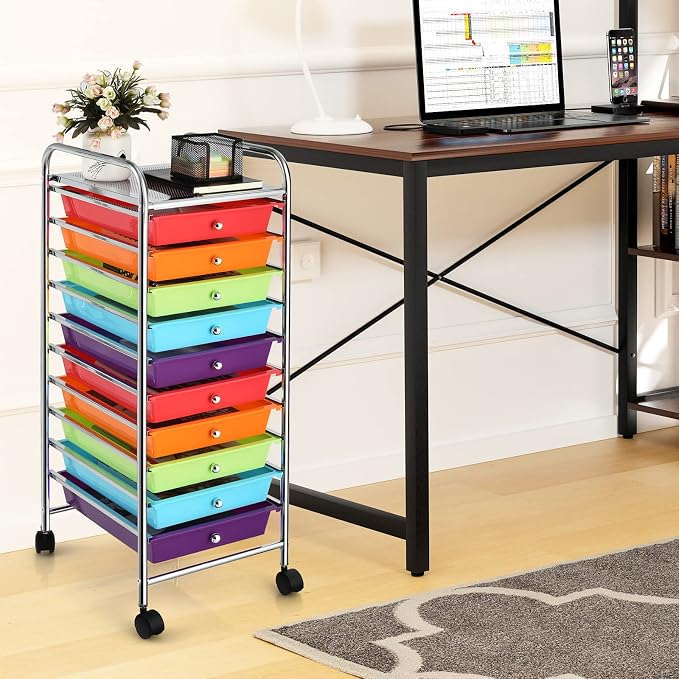COSTWAY 10-Drawer Rolling Storage Cart, Utility Mobile Trolley | Removable Drawers & Universal Casters & 2 Brakes, Versatile Flexible Drawer Organizer Cart for Home, Office (Multi-Color)
