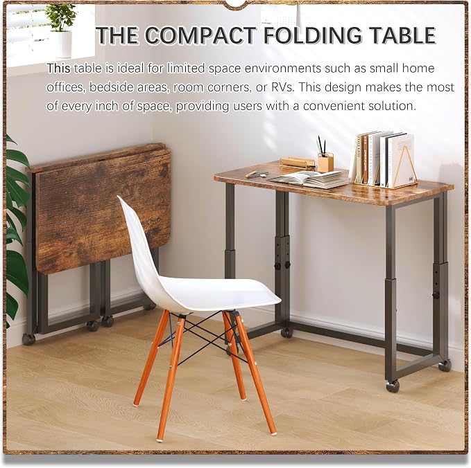 4NM No Tool Assembly 31.5" Small Desk, Folding Portable Desk with Wheels, Adjustable Height Foldable Computer Home Office Desks, Collapsible Study Writing Table for Space Saving Bedroom - Rustic Brown