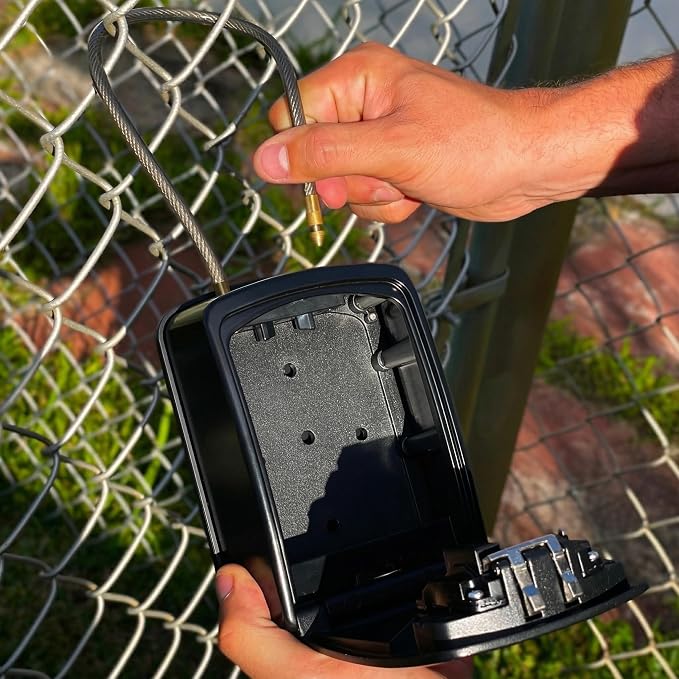 Iron Lock® XXL Portable Key Lock Box, 15in Steel Cable, Code (XXL, Black) | Holds 20-30 keys + car fobs; unique built-in tray; loops on gate or rail or wall-mounts; resettable code; dial cover