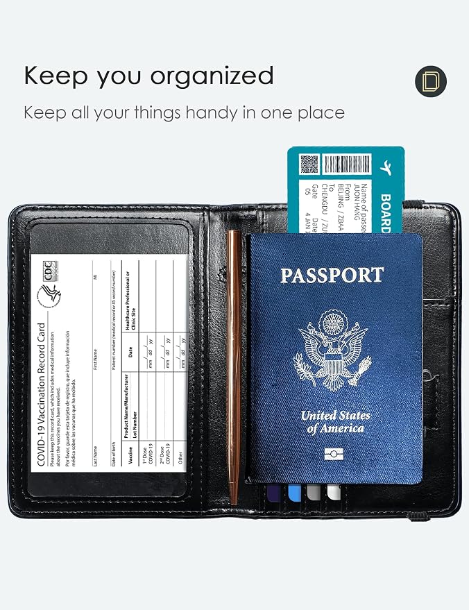 Mymazn Passport Holder with Clear Pocket Passport Case Passport Cover Women Passport Case with RFID Blocking and Vaccine Card Holder Travel Wallet (Black/Gold, Minimalist)