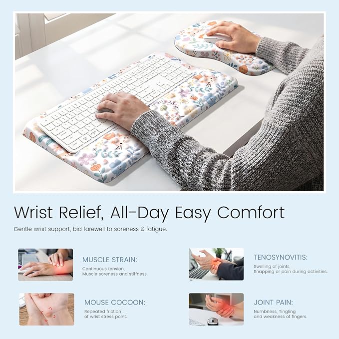 Ospelelf Keyboard Wrist Rest and Mouse Pad Set, Ergonomic Memory Foam Wrist Support, Aesthetic Desk Accessories for Office, Home & Gaming, Relief for Carpal Tunnel & Wrist Pain,Floral Cat