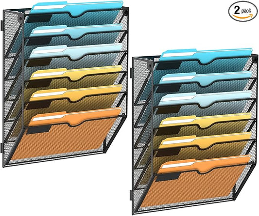 6 Tier Wall File Organizer, Hanging Wall Mounted Mail Organizer with Label Slots, Metal Mesh File Holder Magazine Rack for Office, Home, School or Classroom, Black, 2Pack
