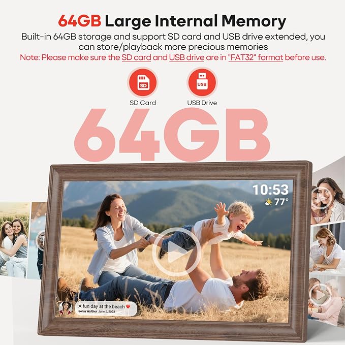 64GB 15.6" Frameo Digital Picture Frame WiFi, Large Electronic Photo Frames Wood 1920 x 1080 IPS FHD Touch Screen, Send Photos from Your Phone from Anywhere, Best Gifts for Family and Friends