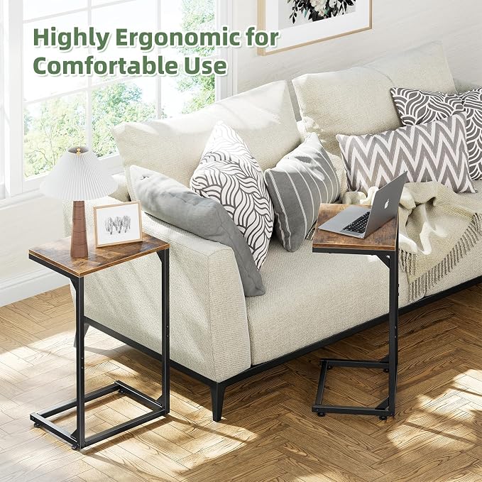 Simple Trending C Shaped Side Table, Small End Table Set of 2, TV Trays Sofa Couch Table for Living Room, Bedside, Rustic Brown