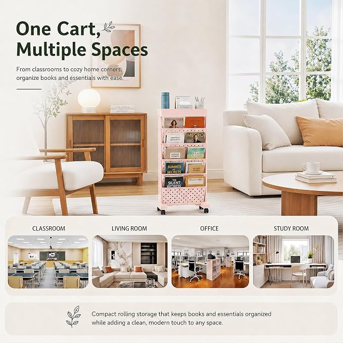 BYFU 6-Tier Movable Bookshelf Cart, Pink | Rolling Wheels, File Paper Storage Organizer, Mobile Bookcase, For Home Office Study Classroom