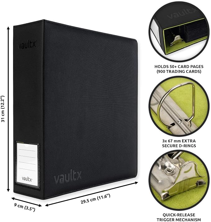Vault X Large Ring Binder, 900 Cards, fits 9 Pocket Pages, Exo-Tec Material, 3 D-Ring Folder, for Trading Cards (Black/Green)