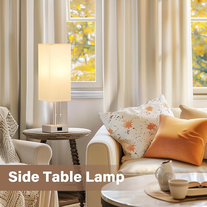 Bedside Lamp for Bedroom Set of 2 - Gold Table Lamp for Nightstand | AC Outlet, 3 Color Temperatures, LED Bulb Included, Pull Chain Design, 14" Rectangular Desk Lamp for Dorm/Office, 2-Pack