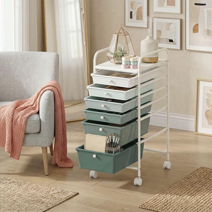 COSTWAY 6-Drawer Rolling Storage Cart, Art Craft Tools Organizer on Wheels | Multifunctional Heavy Duty Utility Mobile Storage Trolley w/ 2 Lockable Wheels for Home Office School (Green Gradient)